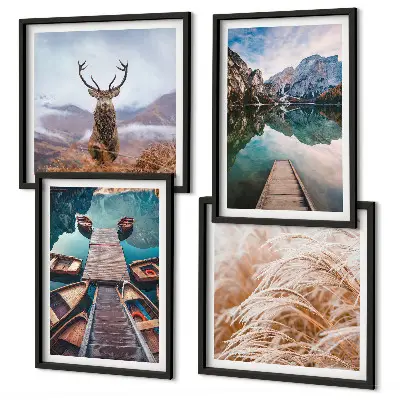 Set de 4 cuadros para salón con paisajes de lago, barcos, ciervos y montañas