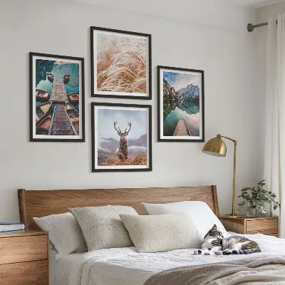 Set de 4 cuadros para salón con paisajes de lago, barcos, ciervos y montañas