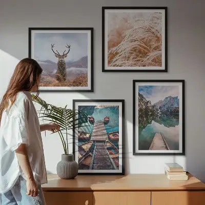Set de 4 cuadros para salón con paisajes de lago, barcos, ciervos y montañas