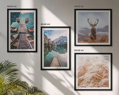 Set de 4 cuadros para salón con paisajes de lago, barcos, ciervos y montañas