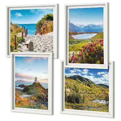 Set de 4 cuadros para salón con paisajes de playa, faro, montañas, prados y flores