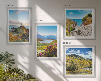 Set de 4 cuadros para salón Playa, faro, montañas, prados, flores