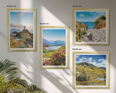Set de 4 cuadros para salón Playa, faro, montañas, prados, flores