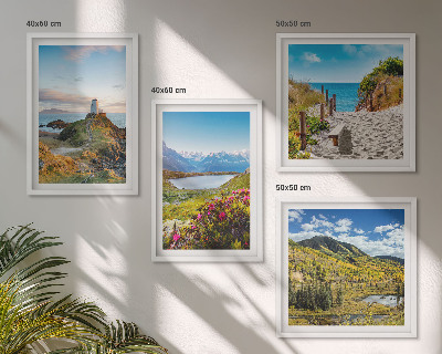 Set de 4 cuadros para salón Playa, faro, montañas, prados, flores