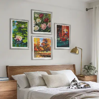 Set de 4 cuadros para salón estampado de estanque de nenúfares con colores otoñales