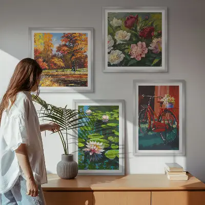 Set de 4 cuadros para salón estampado de estanque de nenúfares con colores otoñales