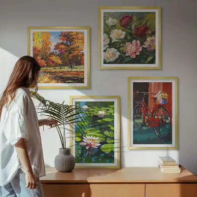 Set de 4 cuadros para salón estampado de estanque de nenúfares con colores otoñales