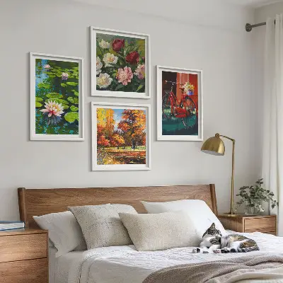 Set de 4 cuadros para salón estampado de estanque de nenúfares con colores otoñales
