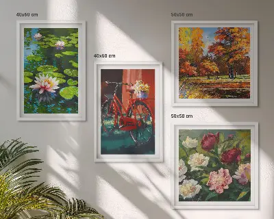 Set de 4 cuadros para salón estampado de estanque de nenúfares con colores otoñales