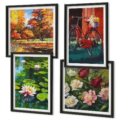 Set de 4 cuadros para salón estampado de estanque de nenúfares con colores otoñales