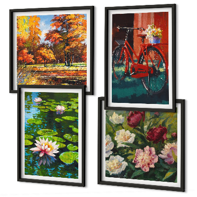 Set de 4 cuadros para salón Estanque de nenúfares con colores otoñales