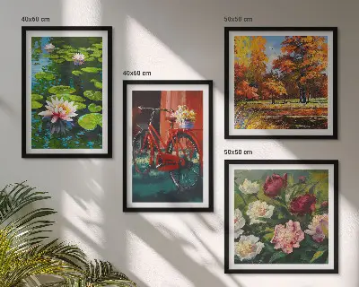 Set de 4 cuadros para salón estampado de estanque de nenúfares con colores otoñales