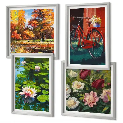 Set de 4 cuadros para salón estampado de estanque de nenúfares con colores otoñales