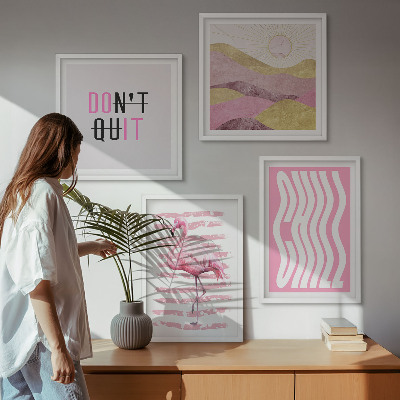 Galería de pared Paisaje montañoso en tonos pastel con flamencos rosas