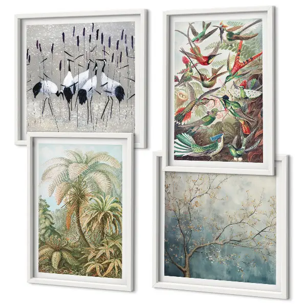 Set de 4 cuadros para salón con diseño de plantas tropicales, aves y naturaleza