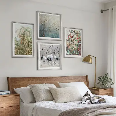 Set de 4 cuadros para salón con diseño de plantas tropicales, aves y naturaleza
