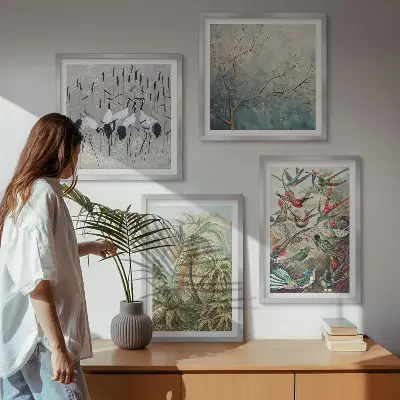 Set de 4 cuadros para salón con diseño de plantas tropicales, aves y naturaleza