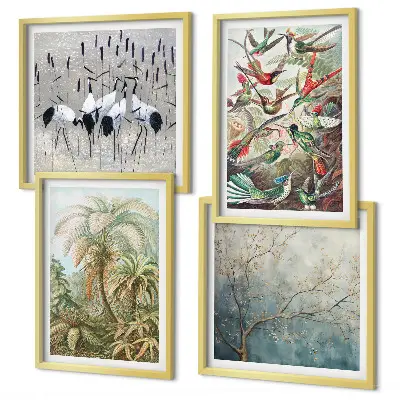 Set de 4 cuadros para salón con diseño de plantas tropicales, aves y naturaleza