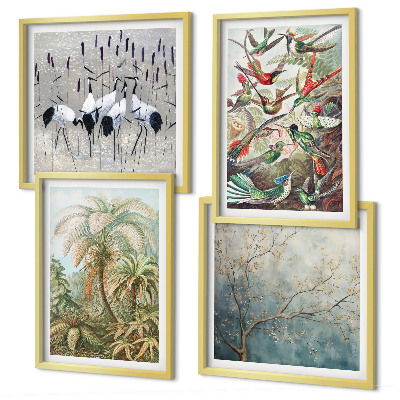 Set de 4 cuadros para salón Plantas tropicales, aves, naturaleza