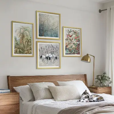 Set de 4 cuadros para salón con diseño de plantas tropicales, aves y naturaleza