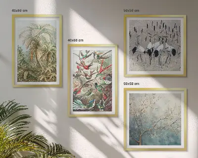 Set de 4 cuadros para salón con diseño de plantas tropicales, aves y naturaleza
