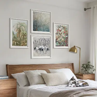 Set de 4 cuadros para salón con diseño de plantas tropicales, aves y naturaleza