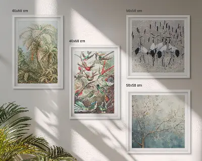 Set de 4 cuadros para salón con diseño de plantas tropicales, aves y naturaleza