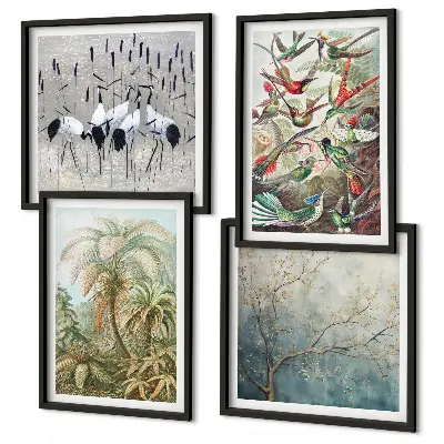Set de 4 cuadros para salón con diseño de plantas tropicales, aves y naturaleza