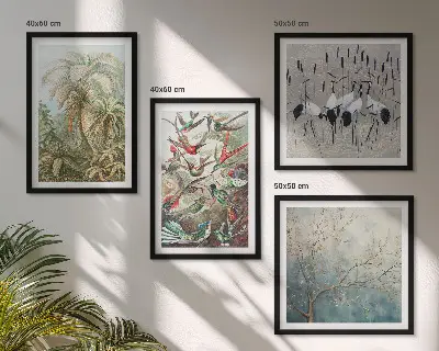 Set de 4 cuadros para salón con diseño de plantas tropicales, aves y naturaleza