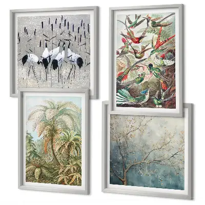 Set de 4 cuadros para salón con diseño de plantas tropicales, aves y naturaleza