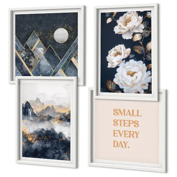 Set de 4 cuadros para salón con diseño de inspiración abstracta de montañas y flores