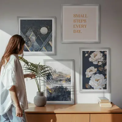 Set de 4 cuadros para salón con diseño de inspiración abstracta de montañas y flores