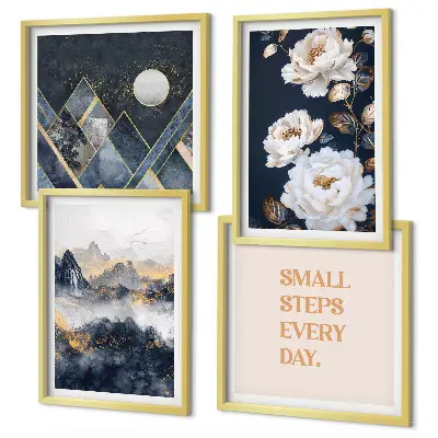 Set de 4 cuadros para salón con diseño de inspiración abstracta de montañas y flores