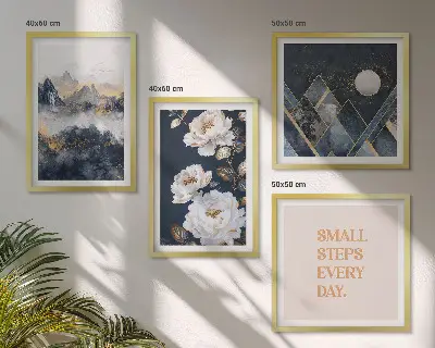Set de 4 cuadros para salón con diseño de inspiración abstracta de montañas y flores