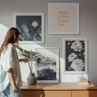 Set de 4 cuadros para salón con diseño de inspiración abstracta de montañas y flores