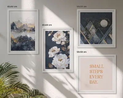 Set de 4 cuadros para salón con diseño de inspiración abstracta de montañas y flores