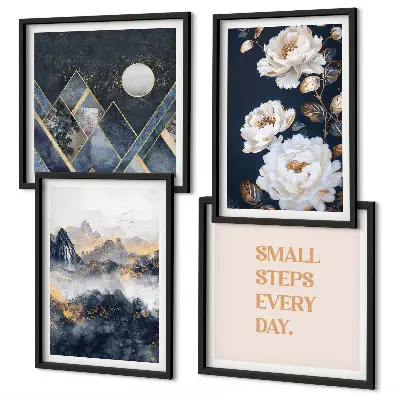 Set de 4 cuadros para salón con diseño de inspiración abstracta de montañas y flores