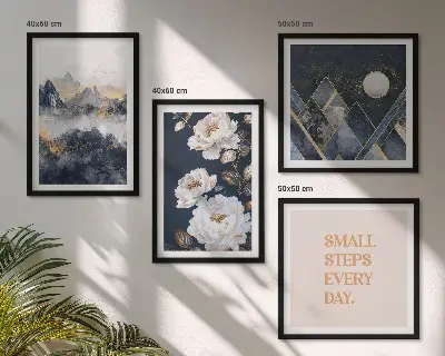 Set de 4 cuadros para salón con diseño de inspiración abstracta de montañas y flores