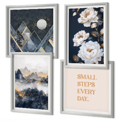 Set de 4 cuadros para salón con diseño de inspiración abstracta de montañas y flores