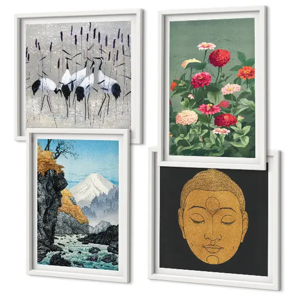 Set de cuadros modernos para salón con diseño de naturaleza japonesa y estilo Japandi