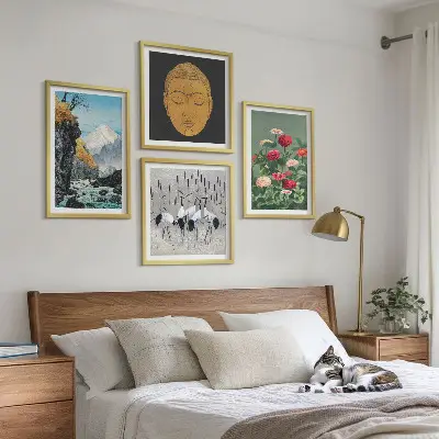 Set de cuadros modernos para salón con diseño de naturaleza japonesa y estilo Japandi