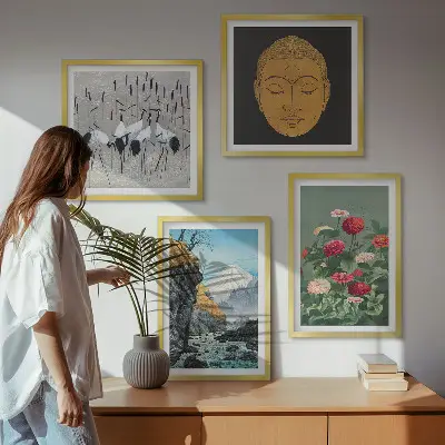 Set de cuadros modernos para salón con diseño de naturaleza japonesa y estilo Japandi