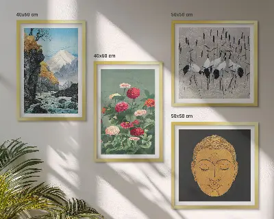 Set de cuadros modernos para salón con diseño de naturaleza japonesa y estilo Japandi