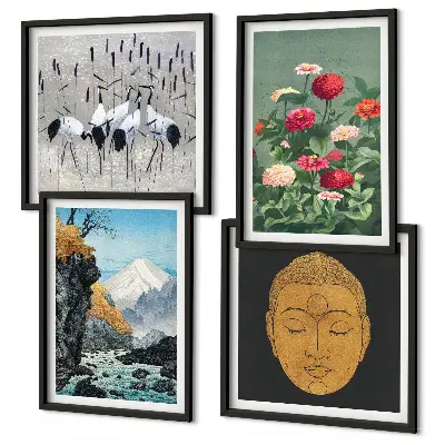 Set de cuadros modernos para salón con diseño de naturaleza japonesa y estilo Japandi