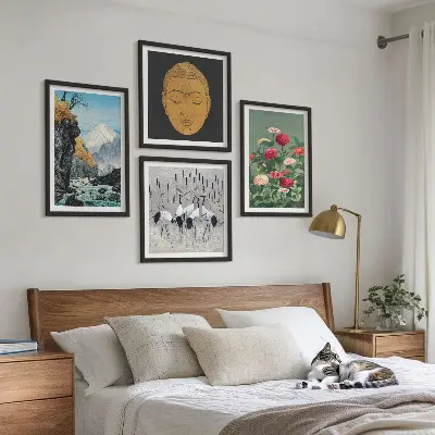 Set de cuadros modernos para salón con diseño de naturaleza japonesa y estilo Japandi
