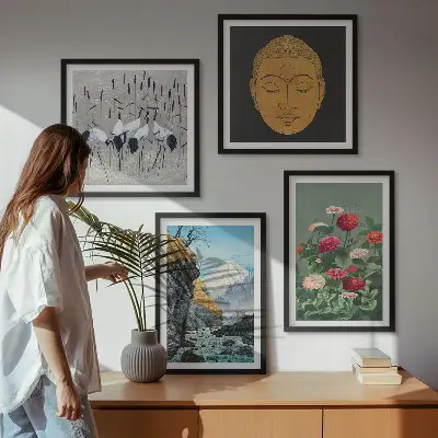 Set de cuadros modernos para salón con diseño de naturaleza japonesa y estilo Japandi