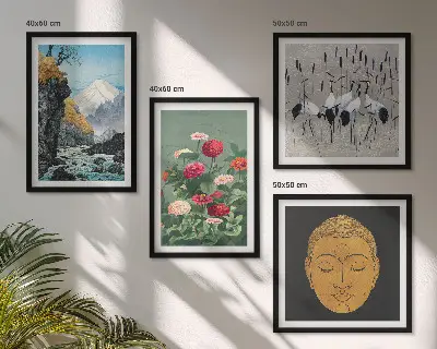 Set de cuadros modernos para salón con diseño de naturaleza japonesa y estilo Japandi