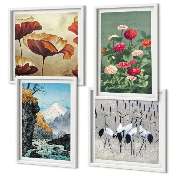 Set de 4 cuadros para salón con diseño de montañas, cascada, pájaros y flores