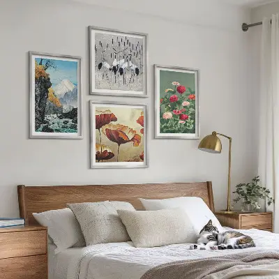 Set de 4 cuadros para salón con diseño de montañas, cascada, pájaros y flores