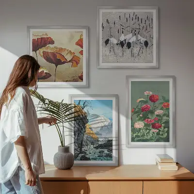 Set de 4 cuadros para salón con diseño de montañas, cascada, pájaros y flores
